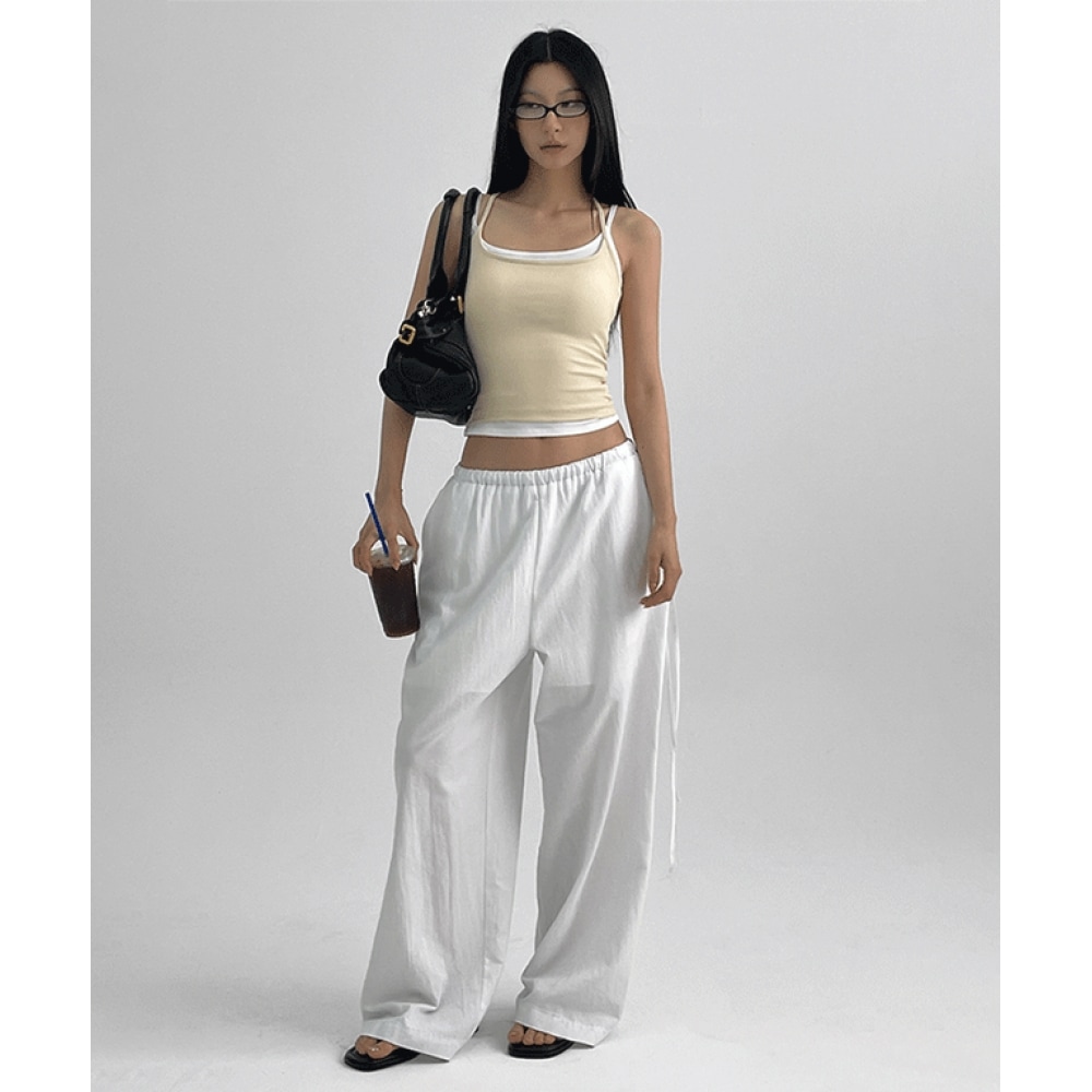 ブラックアップボヘットヘリンボーンバンディングワイドコットンパンツ