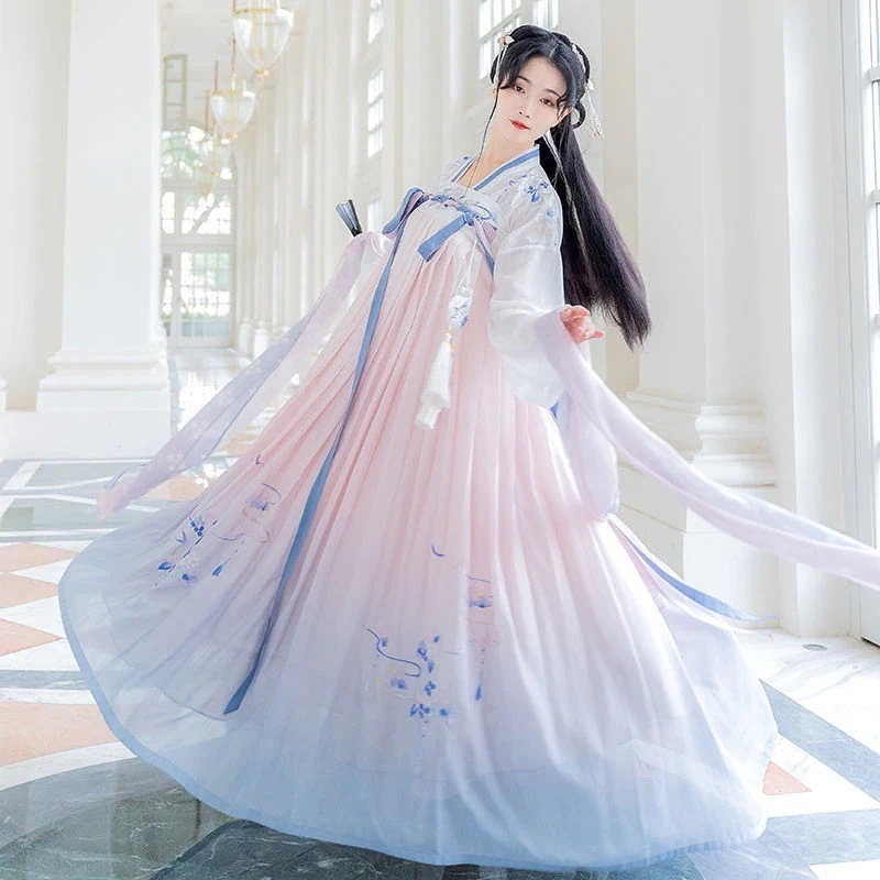 漢服女性刺繍新鮮でエレガントな大人の女性漢服胸丈ダブルブレストスカート白夏の妖精学生漢服ハロウィンクリスマスパーティー仮装30%までに制限