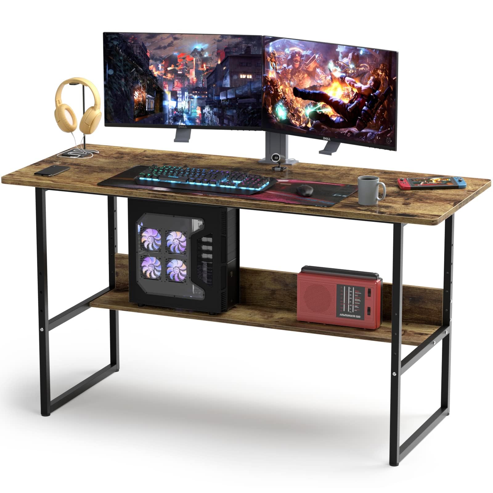 ゲーミング パソコン デスク 収納ラック付き テレワーク用 pcデスク 耐荷重65kg シンプル 広いpc ワーク オフィス アジャスター付き 収納つきデスク 勉強 勉強机 木製 85116 18,056円