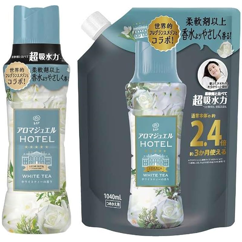 【まとめ買い】レノア ハピネス アロマジュエル ホワイトティーの香り 本体 420ml + 詰め替え 特大 1040ml 柔軟剤 香り付けビーズ 長続き 消臭 ホテルの香り 当店オリジナルメッセージカ