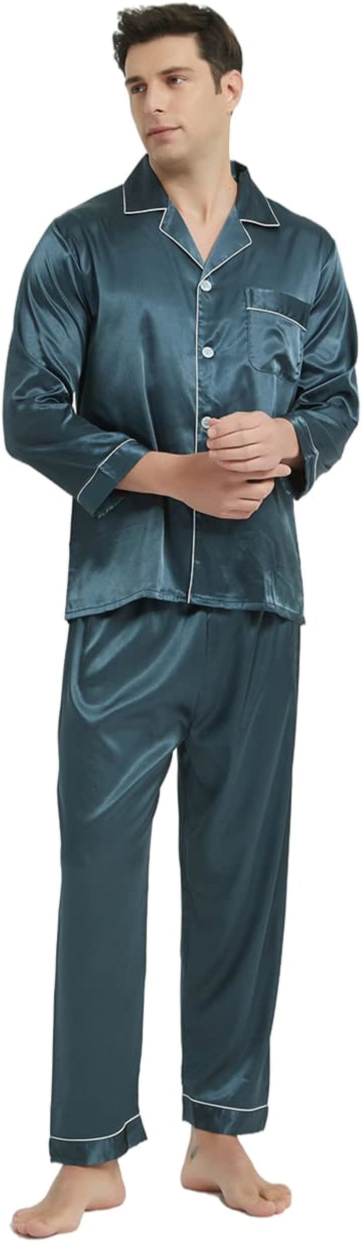 メンズ パジャマ シルク サテン 上下セット ルームウェア 部屋着 長袖 前開き( ダークグリーン, XL)