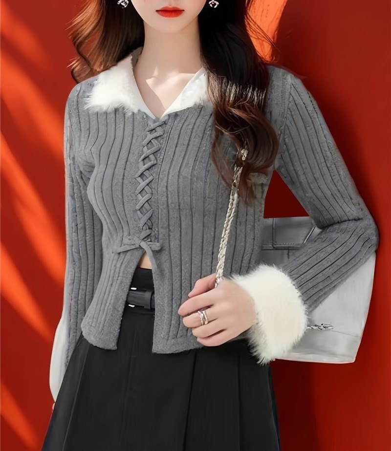 トップス ニットソー セーター ショート丈 スリムフィット 長袖 襟付き リボン スリット ニット 大人可愛い おしゃれ お洒落 大人女子 こなれ感 セクシー 存在感 春 秋 レディース デート