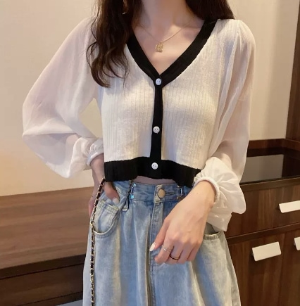 トップス ニットソー カーディガン ショート丈 長袖 レギュラー袖 Vネック スリム 前開き ニット アクリル メッシュ ポリアクリロニトリル かわいい シンプル カジュアル お洒落 キュート