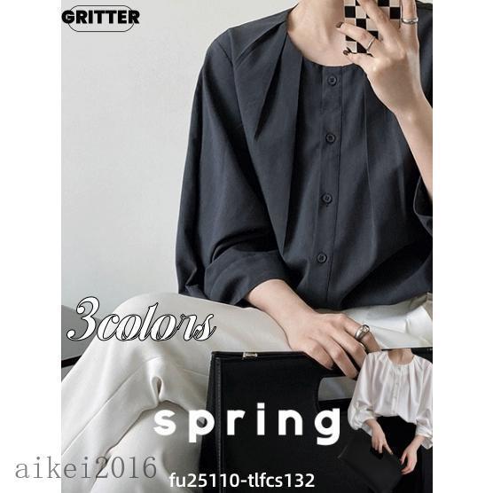 (BOOB)丸首 綿麻シャツ ブラウス レディース 春 秋 夏 ハイネック ギャザー リボン フレア長袖トップス オシャレ 通勤 大人 OL ゆったり