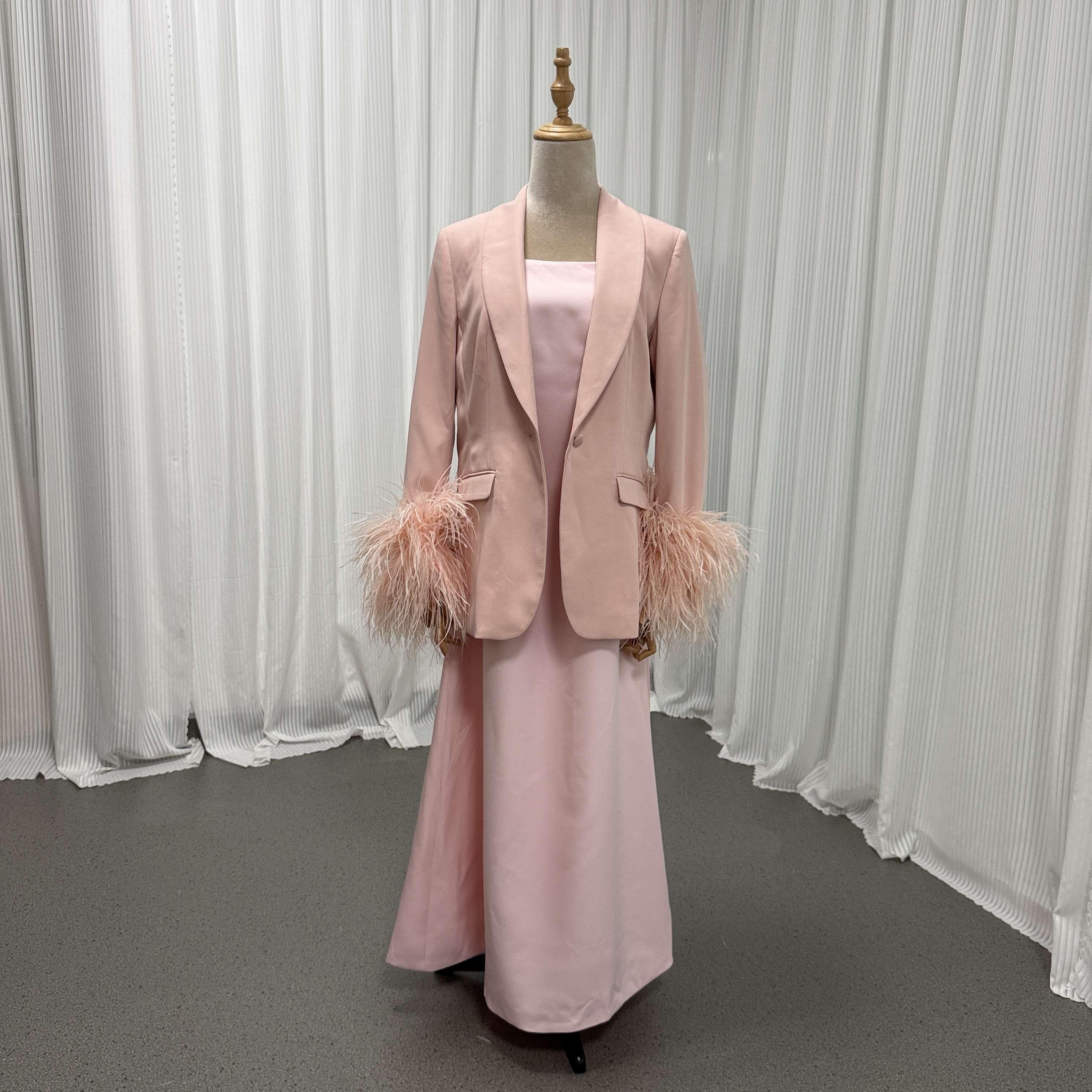 カラードレス ピンク フェザー ロングスリーブ +キャミソール スレンダーライン ワンピース 花嫁 前撮り