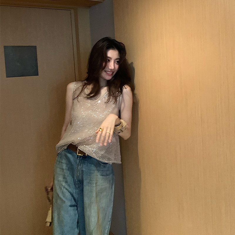 夏の女性のための長いxierハイエンドスパンコールの袖なし深いvベストugenyaニッチデザイン偽のツーピースシャツ