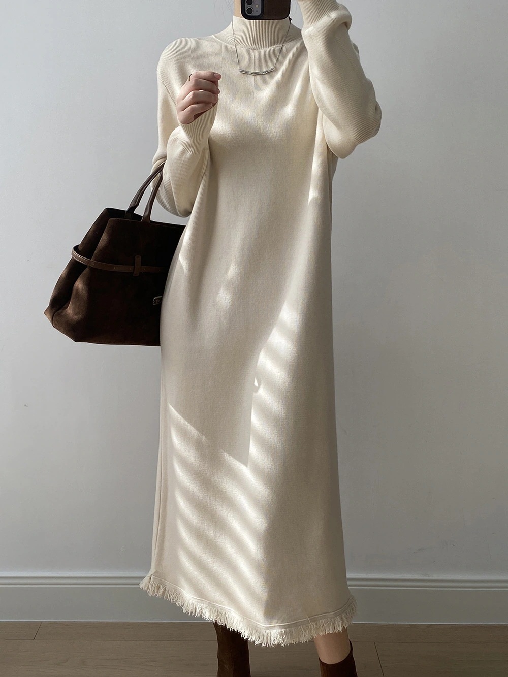 タッセルニットワンピース冬新作ハーフハイネックロングインナーボトムセータースカート
