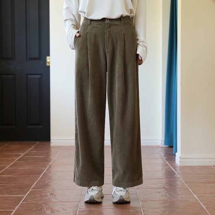 [韓国ファッション] 後ろウエストゴム タックワイドコーデュロイパンツ