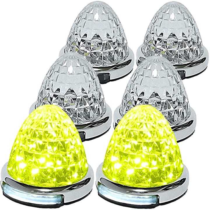 カスタマイズ 12V 24V トラック用 LED マーカーランプ 路肩灯機能付 サイド メッキリング 5面クリスタルカット仕様 22LED 汎用 (イエロー, 6個セット)