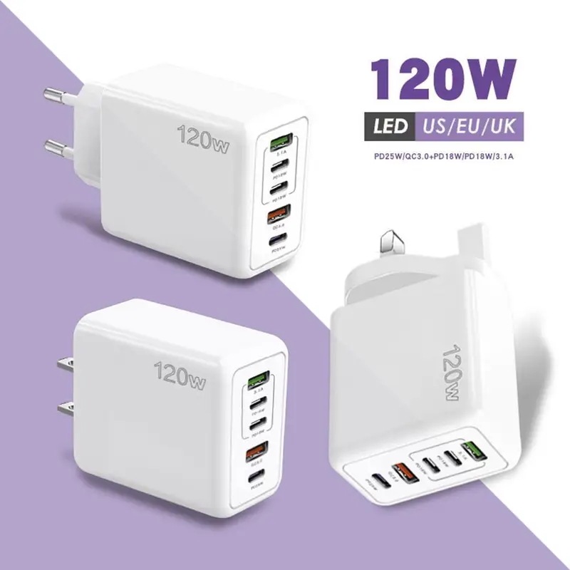 携帯電話充電器,USBC充電器,US,uk,EUプラグ,Samsung, iPhone, 120w,3pdポート,2USBポート