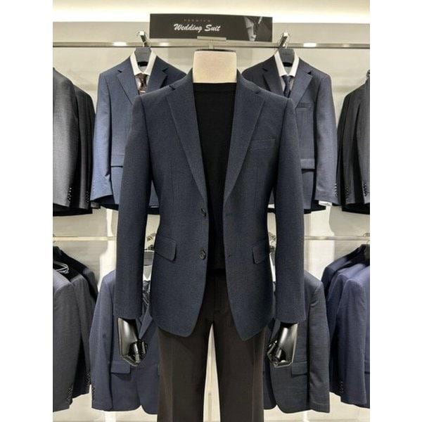 スリムフィット ウール混紡 ネイビー スパン ビジネス カジュアル ジャケット