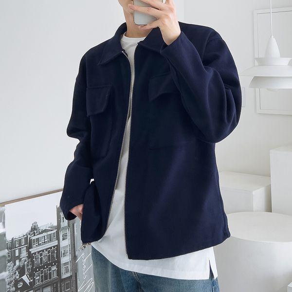 メンズソリッドポケットカラーネックジップアップジャンパー5C JUA Q110 紺_P408579267