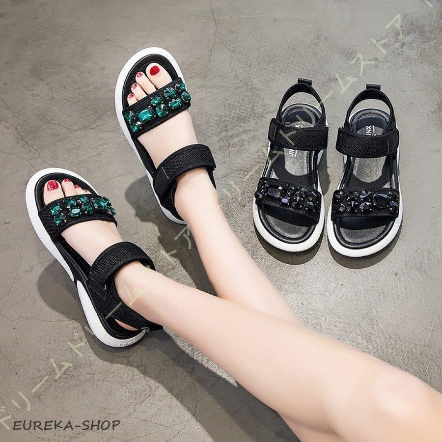 【急速出荷!】ビジュー 厚底 サンダル レディース おしゃれ 靴 軽量 ストラップサンダル スポサン 歩きやすい 疲れない ラインストーン キラキラ 美脚効果 浜辺 2枚購入で200
