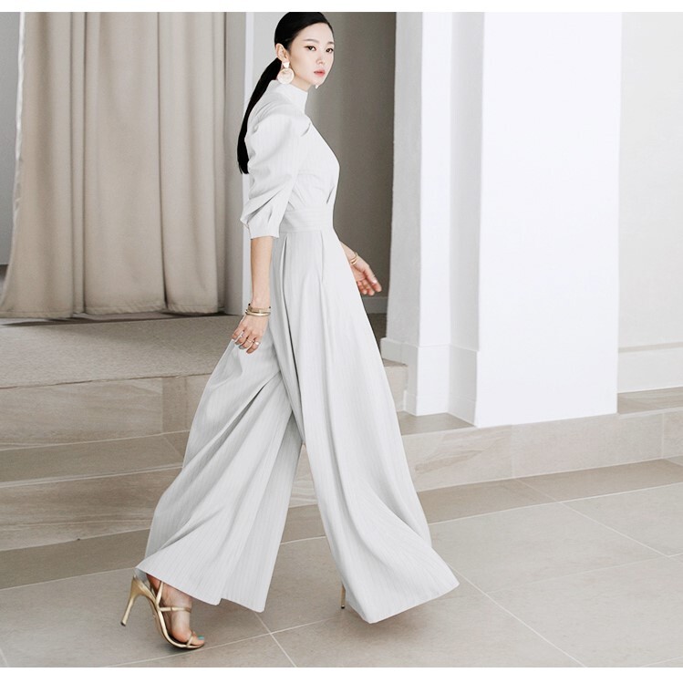 ジャンプスーツ オールインワン サロペット 五分袖 パフスリーブ ポケット ウエストマーク ワイドパンツ スタンドカラー 春 夏 シンプル きれいめ フォーマル オケージョン イベント パーティー