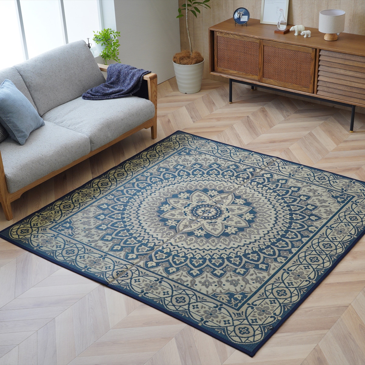 【I】【代引不可】イケヒコ 国産い草ラグ カーペット Fサークル 滑り止め付 ネイビー 約191×191cm 1716120【北海道・沖縄・離島不可】【代引不可/沖縄・離