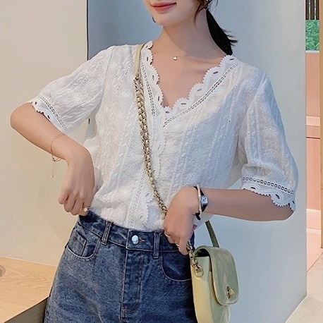 大きいサイズあり トップス レディース S M L XL 2XL 3XL 4XL 韓国 ブラウス 半袖 Vネック カシュクール レース 刺繍 かわいい 大人可愛い きれいめ シンプル カジュアル 上品