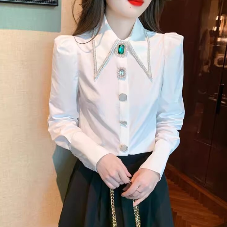 トップス レトロ シャツ ブラウス 長袖 ビーズ かわいい 大人可愛い きれいめ シンプル カジュアル 大人 上品 おしゃれ お洒落 かっこいい レトロ 大人女子 こなれ感 ラフ ラブリー キュート