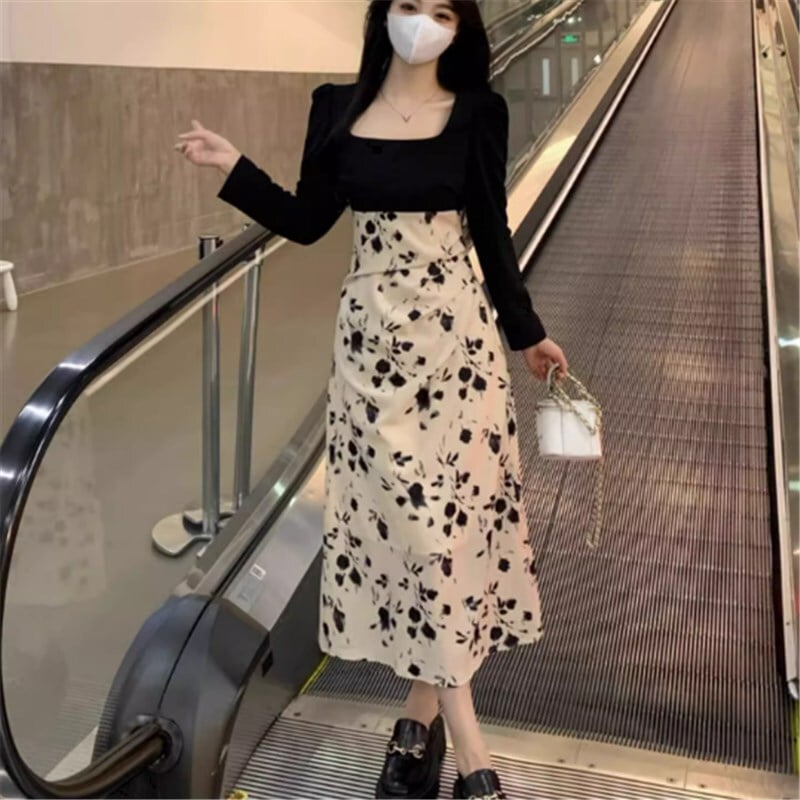 ワンピース ロングスカート ロング ロング丈 ロングワンピース 袖あり 長袖 スクエアカラー かわいい 大人可愛い きれいめ シンプル カジュアル 大人 上品 おしゃれ お洒落 かっこいい レトロ