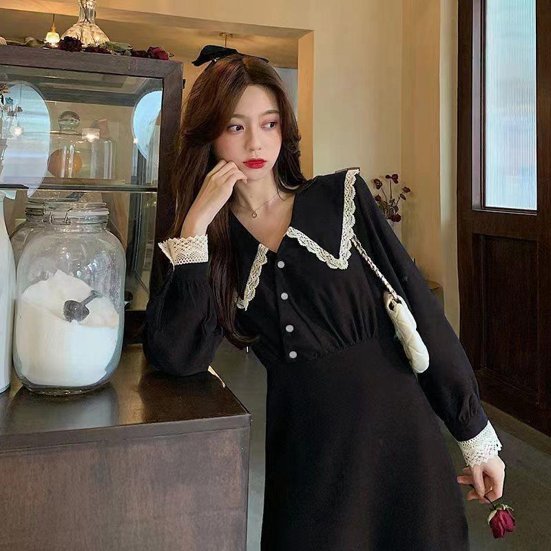 出荷が早いワンピース ブラック フランス レトロ ドレス レディース 2025秋の新 小さい スリム 気質 長袖 韓国