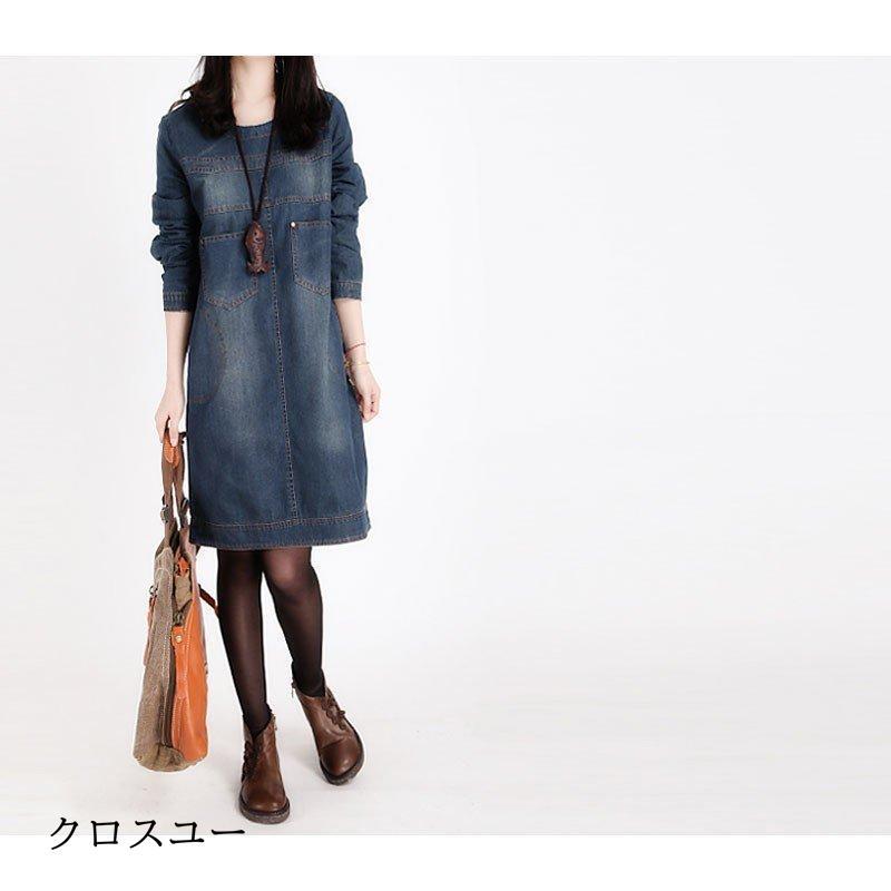ワンピース デニム レディース 長袖 デニム ワンピース 膝丈 デニムワンピ ひざ丈 コットン 体型カバー 大きいサイズ 春 秋