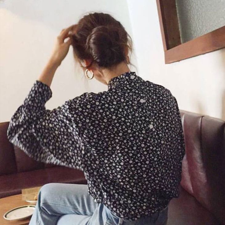 バックボタン 長袖 シャツ レディース 春 秋 トップス シャツブラウス 総柄 柄シャツ カジュアル 長袖シャツ きれいめ 小花柄 ハイネック お洒落 可愛い ブラック 黒 韓国ファッション