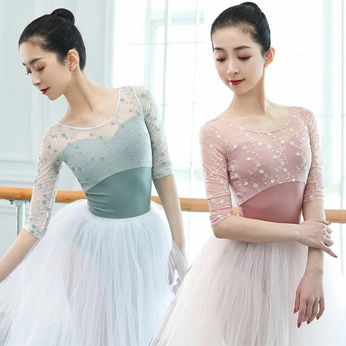 バレエ レオタード 大人 繊細な花刺しゅう レース エレガント 大人バレエ スカートなし 7分袖 レオタード レッスン着 練習 大人 ジュニア バレエ用品 可愛い バレエレオタード 大人用 おしゃれ