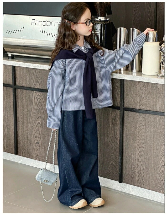 新アップグレード新品韓国子供服 女の子 シャツ+ストール ファッション 春秋 長袖 ストライプ柄 無地 キッズ おしゃれ トップス カジュアルシャツ 通学 春 秋 記念日 イベント 誕生日 プレゼント