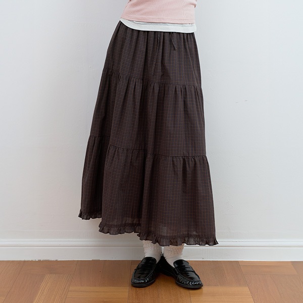 CHECK TIERED LONG SKIRT BROWN