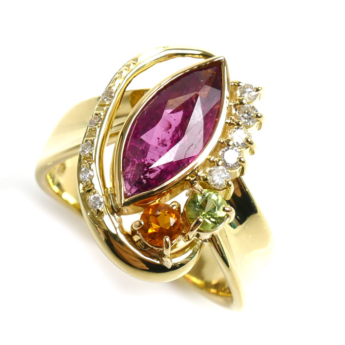 K18YG イエローゴールド マーキスカット リング指輪 ルベライト1.65ct ダイヤモンド0.16ct ペリドット 15号 9.3g 脇石 シトリン ペリドット レディース 中古