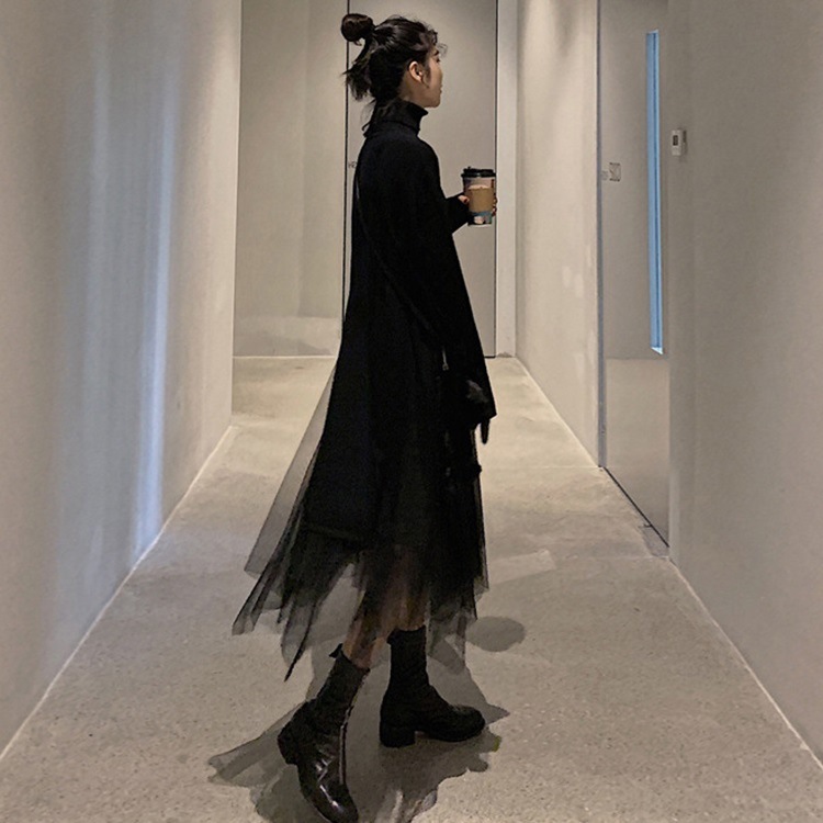 韓国風 セットアップ 新作 秋冬 長袖 不規則シャツ ハイネック ロング丈シャツ 2点セット 着痩せ オシャレ ブラックセット きれいめ チュールスカート レディース