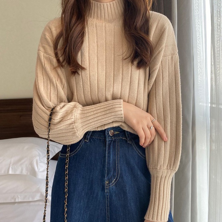 トップス ニットソー 袖あり 長袖 ボリューム袖 ハイネック ニット 大人可愛い きれいめ シンプル