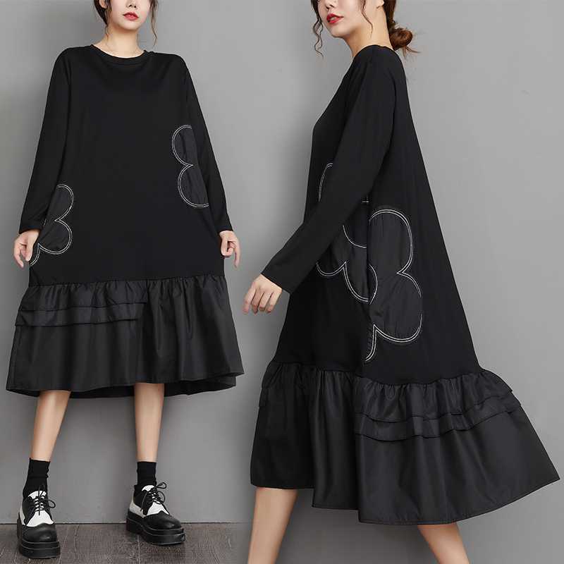 新作 春のワンピース 2024春秋 レトロ ブラック ワンピース 刺繍 パッチワーク ワンピース ゆったり 着痩せ ロングワンピース 大きいサイズワンピース30%制限