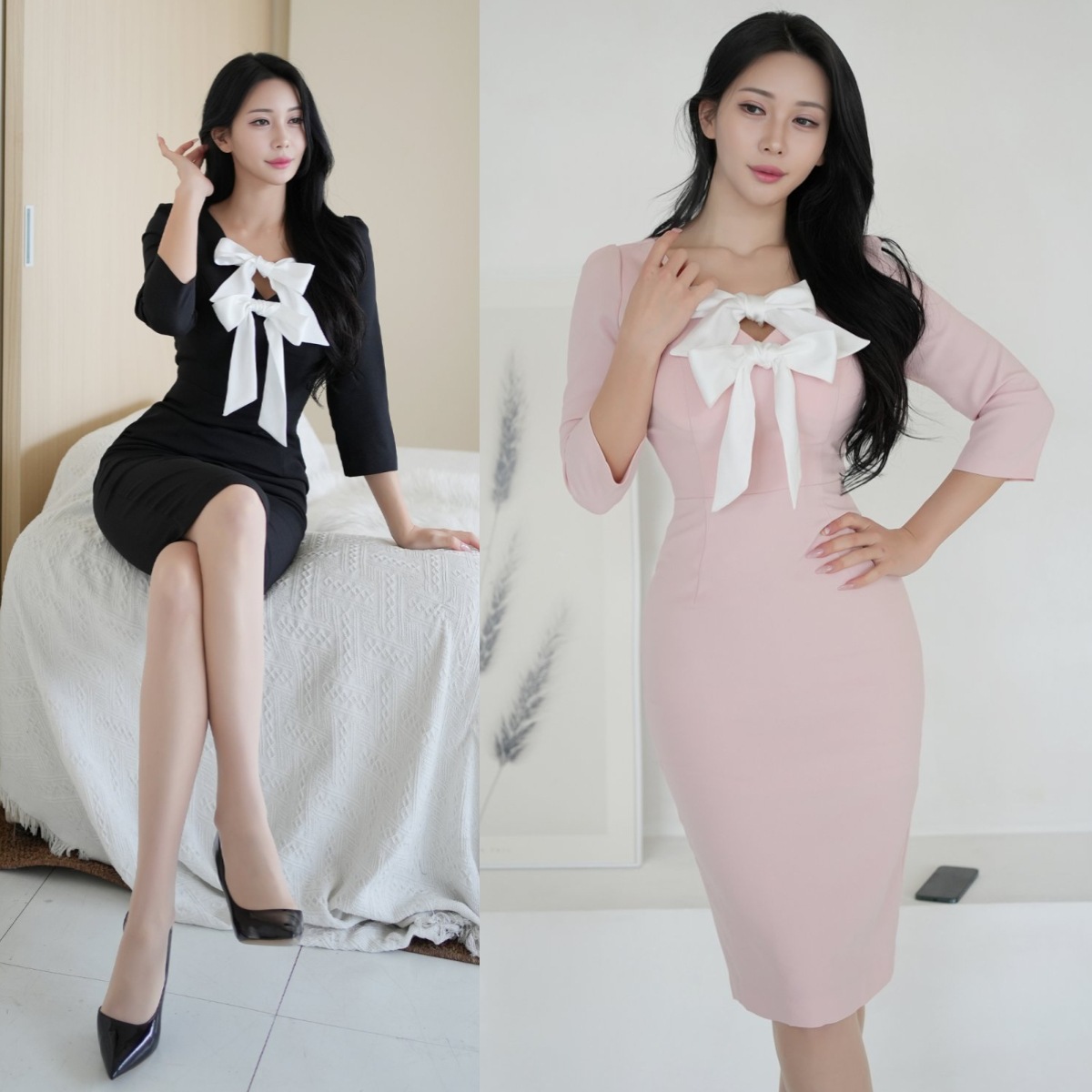 【韓国発】ダブルリボンミディアムキャバドレス