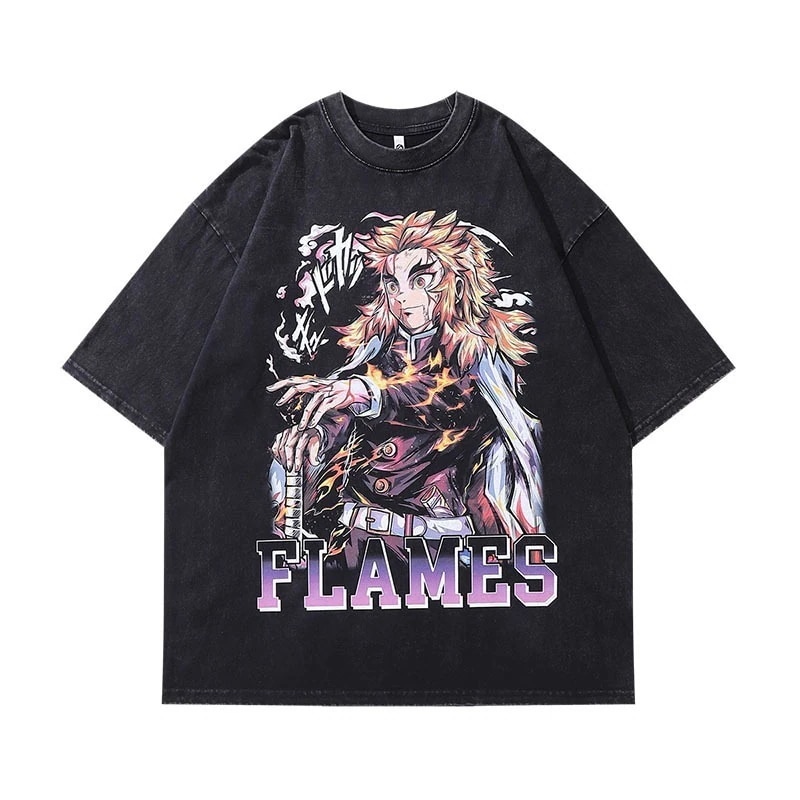 日本の漫画プリント半袖ボトリングトップヒップホップピュアコットンダメージ加工半袖Tシャツ男性と女性用