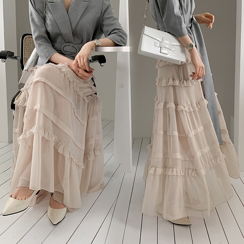 ラッフルロングスカート フリルバロックスカート スカート シフォンロングスカート レディース ケーキスカート. a3743