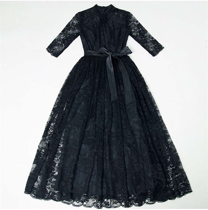 パーティドレス ドレス レディース ワンピース ロングドレス マキシワンピ フォーマルドレス フォーマルウエア フレア ロング 大きいサイズ 袖あり ハイウエスト プチハイネック レース 花柄レース 4,714円