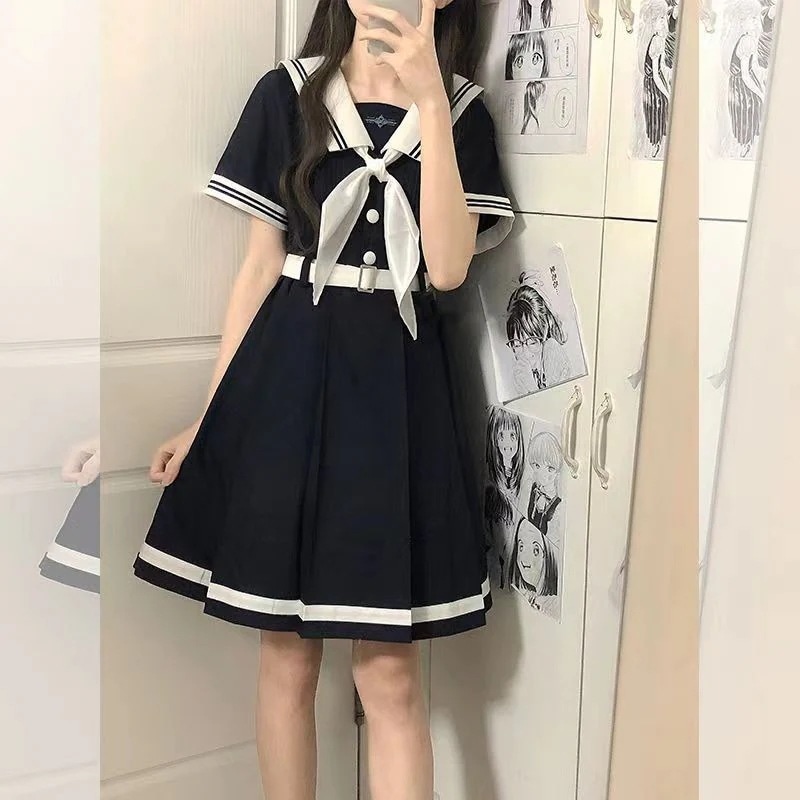 ロリータドレス 春夏 キャンパス風 セーラー服 ワンピース 着痩せ プリーツ ワンピース