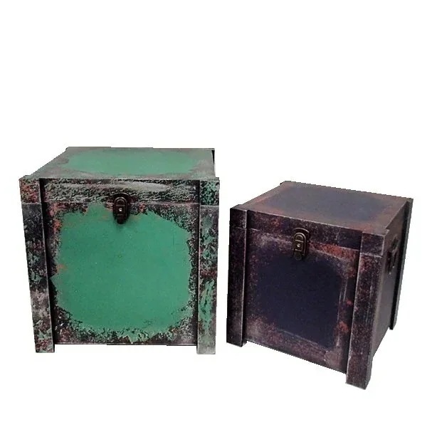 小物入れ コンテナ ディスプレイ什器 アンティーク 舞台道具 演出用 金属の質感 ダメージ仕上げ 大小2個セット 完成品
