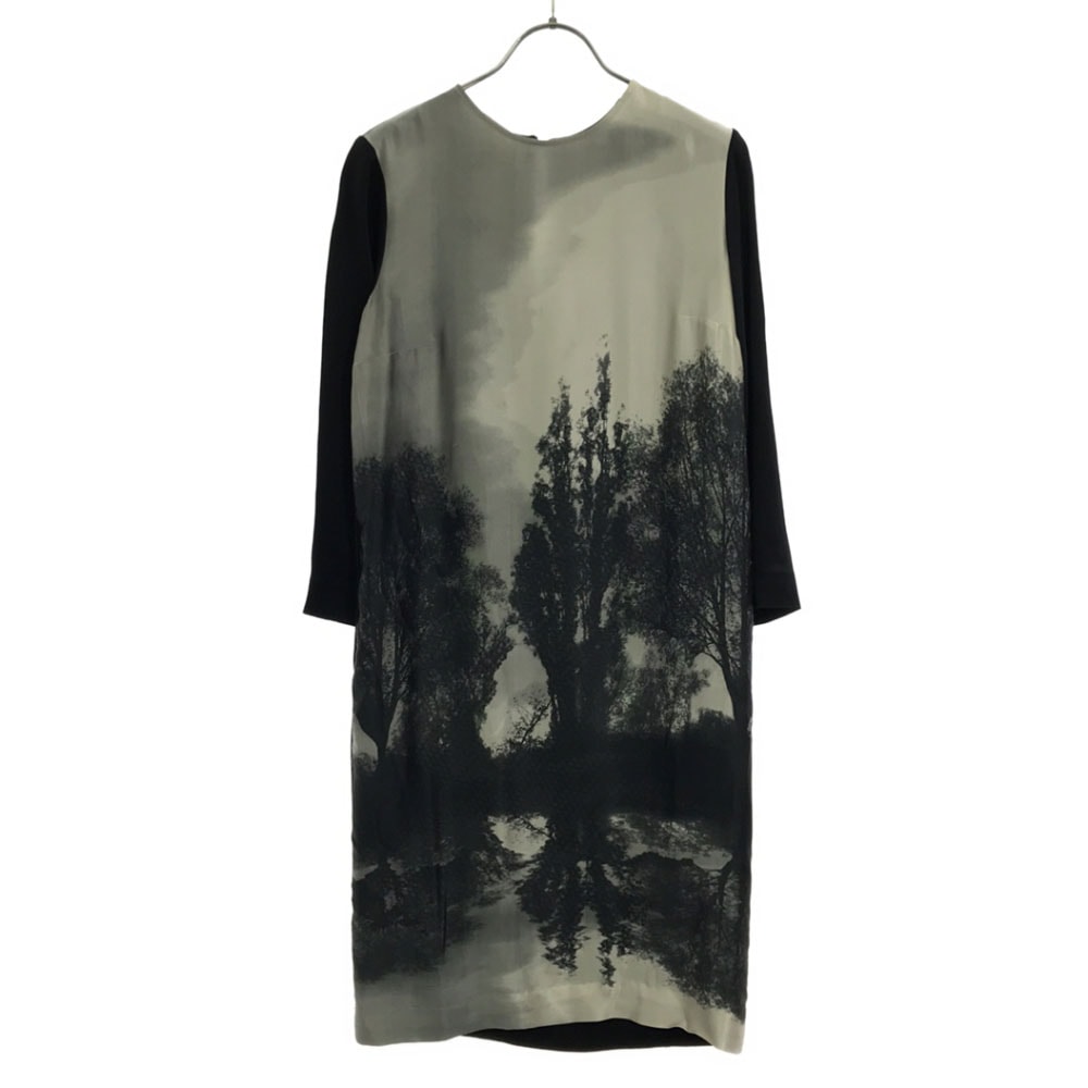 シルク混 総柄 長袖 ワンピース 36 ブラック系 レディース