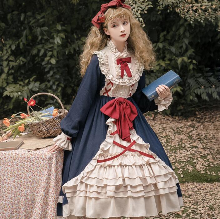 豪華ロリータワンピース切り替えリボンメイド洋服長袖春秋レディースロリータドレス姫様 魔女重ね重ねドレス二次元ロリータドレス普段着ゴスロリ 日系Lolita コスプレ 仮装 変装写真撮影 メイド服