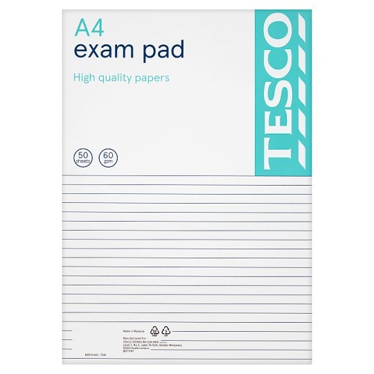 Tesco A4 Exam Pad 60gsm 50 Sheets
