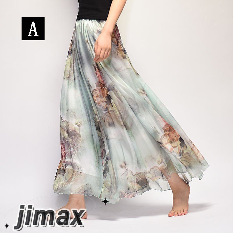マキシ丈スカート 夏 花柄 ボヘミアン ロング プリント リゾート サンドレス シフォンスカート ウエストゴム レディース フレアスカート 旅行 お出かけ ホワイトデー