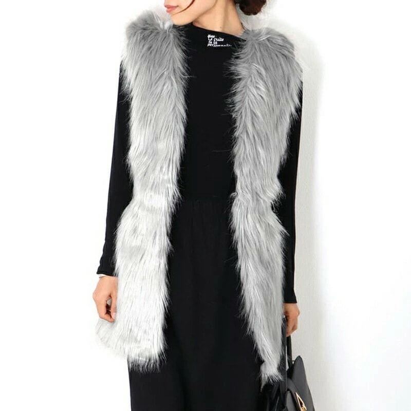 【即納】ファーベスト レディース ファーコート フェイクファー ファージャケット ロング ロングベスト アウター ノースリーブ 大きいサイズ 秋冬 ボリューム もこもこ ふわふわ サイズ豊富 s-5