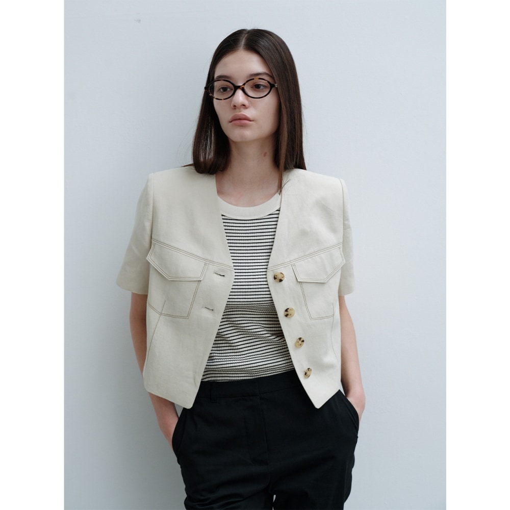 エーティーコーナー Vネック 4ボタンリネンクロップドジャケットライトベージュ (AEJA4B405I1)