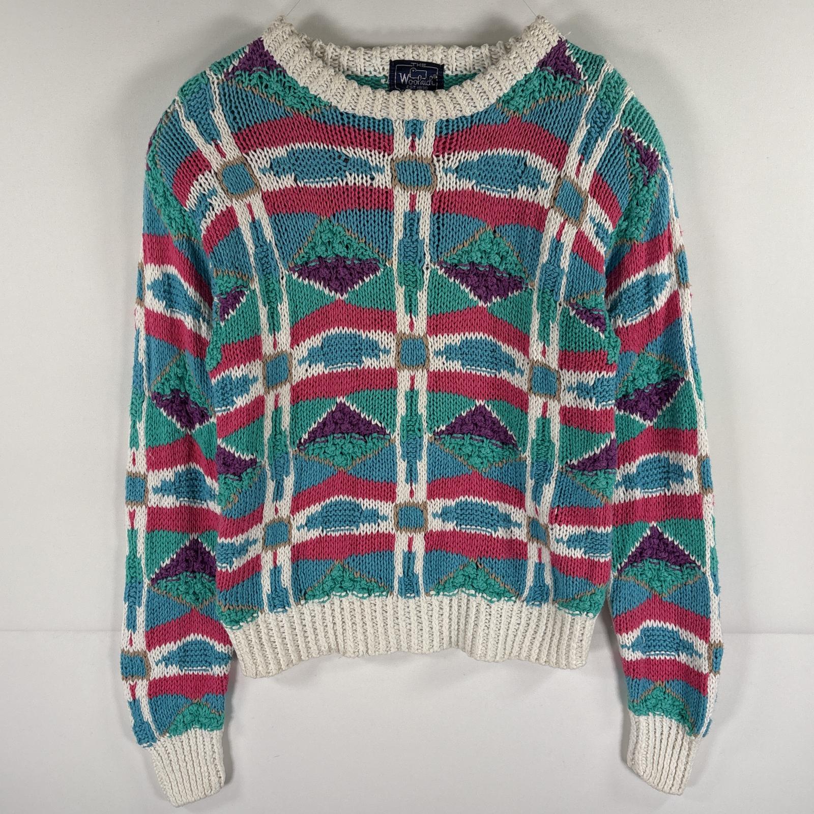 古着 90s/90年代 コットンニットセーター 3D 総柄 マルチカラー クルーネック S グリーン系 レディース