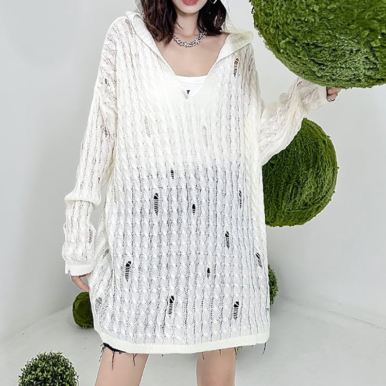 ダメージデザインVネックフード付きプルオーバーニット 2colors プレゼント 個性的なデザイン ステージ衣装 演出衣装 イベント こせい 個性 特徴あり 新作 TV 主演 ステージ衣装 舞台 おし