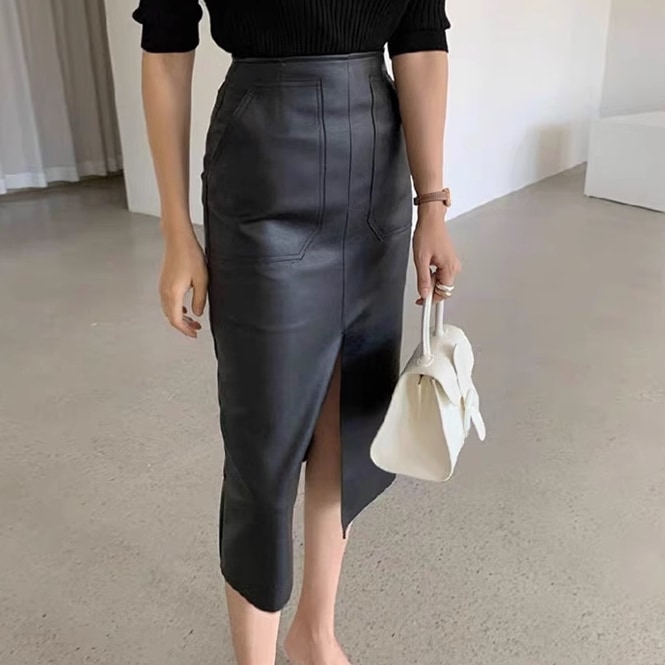 スカート ロングスカート タイトスカート ミモレ丈 タイト Iライン スリット ファスナー ポケット ハイウエスト きれいめ シンプル 大人 上品 おしゃれ 大人女子 こなれ感 クール モード系