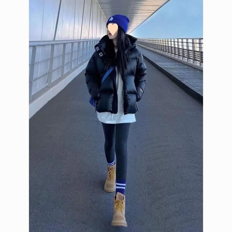 ブラックゴールド風ショートダウンジャケット女性男性厚手カップルフードコート