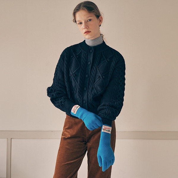 WOOL BUTTON CABLE CARDIGAN NAVY