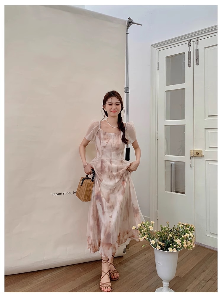 夏 フレンチ スクエアネック メッシュ ステッチ スカート 半袖 シフォン 花柄 ドレス 個性的 ワンピース ロング ロング丈 マキシ マキシ丈 袖あり 半袖 スクエアネック 襟なし かわいい